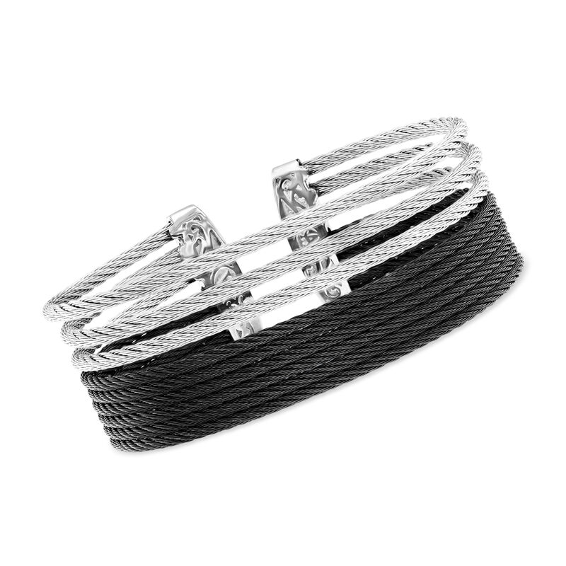 ALOR Black and Gray Stainless Steel Cable Stacked Cuff Bracelet. 7&quot; image number 0