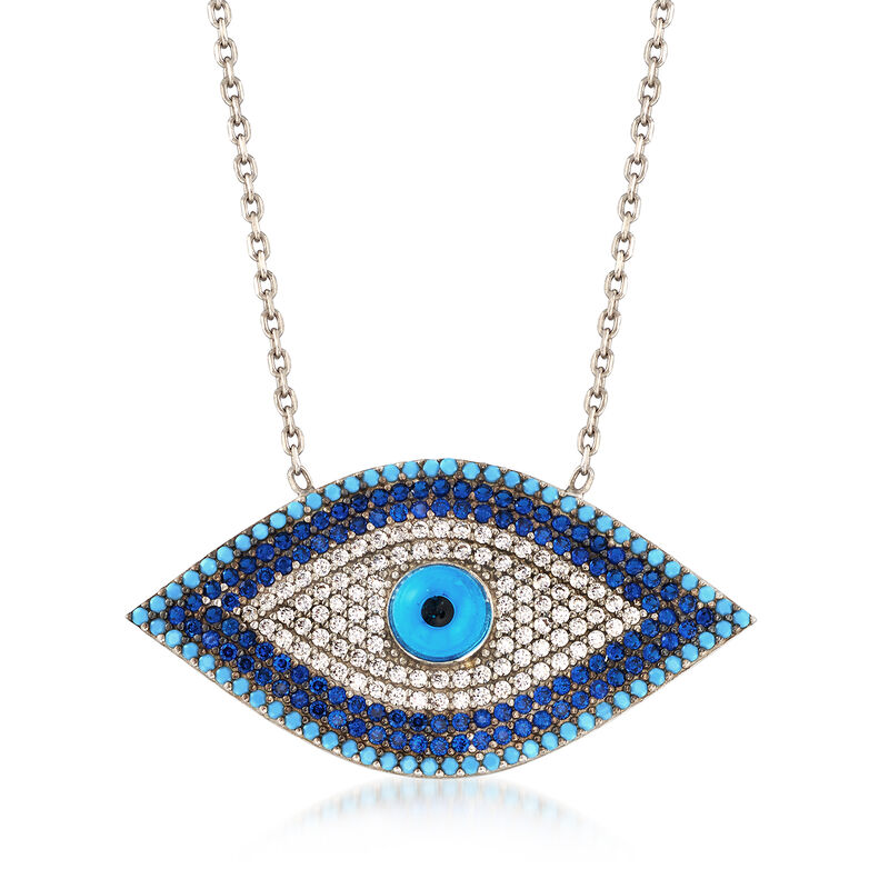 .30 ct. t.w. White and Blue CZ Evil Eye Necklace with Simulated Turquoise in Sterling Silver image number 0