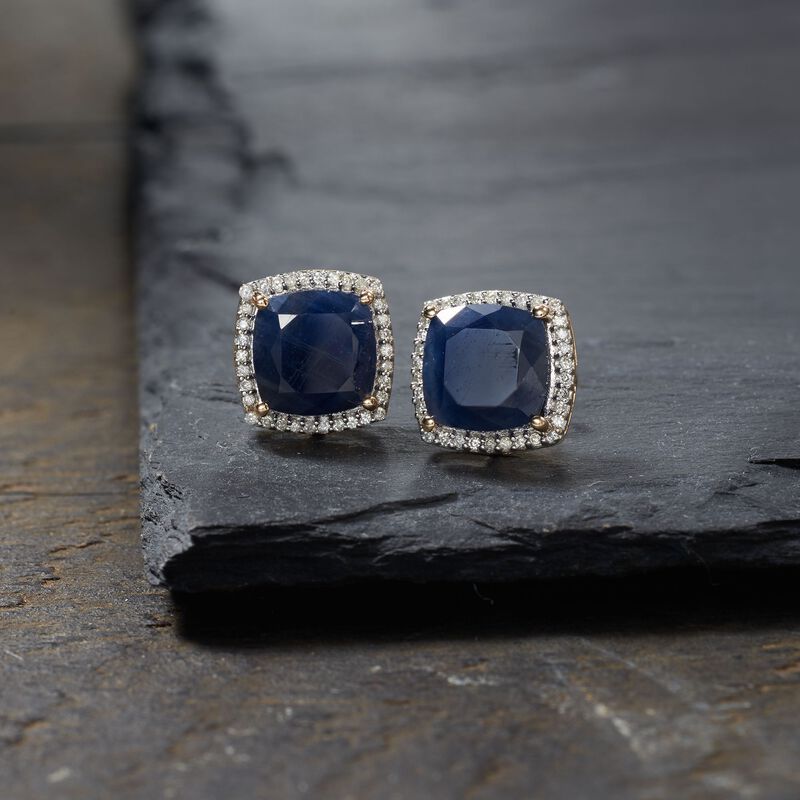 7.75 ct. t.w. Sapphire and .27 ct. t.w. Diamond Stud Earrings in 14kt Yellow Gold image number 3