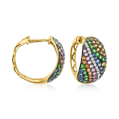 1.40 ct. t.w. Multicolored Sapphire and .50 ct. t.w. Tsavorite Hoop Earrings with .16 ct. t.w. Diamonds in 14kt Yellow Gold