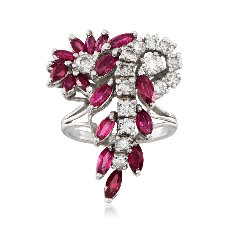 C. 1970 Vintage 2.20 ct. t.w. Ruby and 1.25 ct. t.w. Diamond Cluster Cocktail Ring in 14kt White Gold image number 0