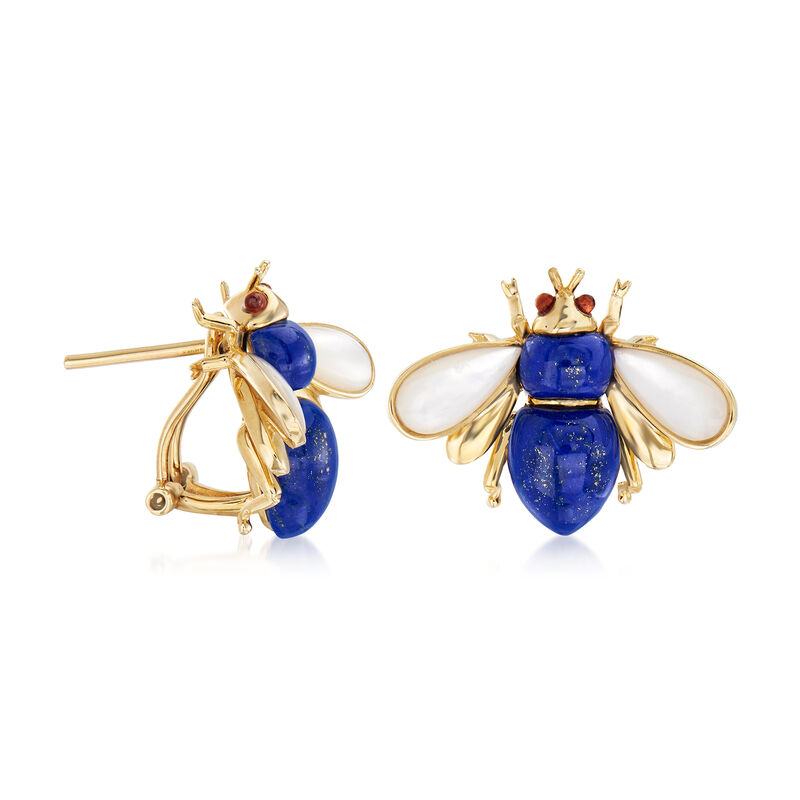 Mother-of-Pearl, Lapis and .10 ct. t.w. Garnet Bug Earrings in 14kt Yellow Gold image number 2