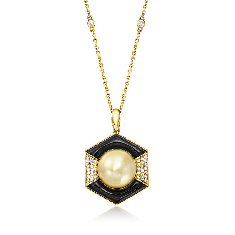 Onyx and 10-11mm Golden Cultured South Sea Pearl Pendant Necklace with .16 ct. t.w. Diamonds in 14kt Yellow Gold. 16&quot; image number 1