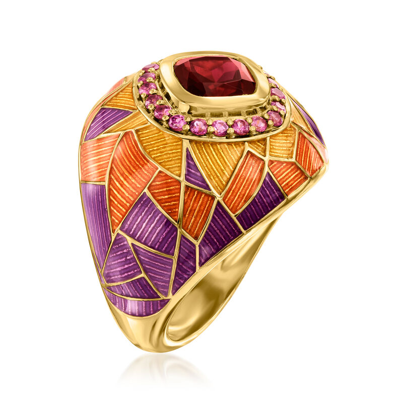 1.90 Carat Garnet and .50 ct. t.w. Rhodolite Garnet Ring with Purple and Orange Enamel in 18kt Gold Over Sterling image number 2