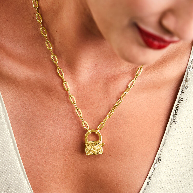 Italian 14kt Yellow Gold Floral Lock Paper Clip Link Necklace image number 4
