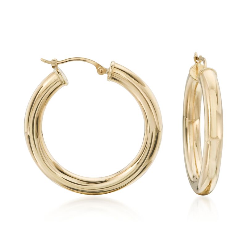 4mm 14kt Yellow Gold Hoop Earrings. 1 1/8&quot; image number 0