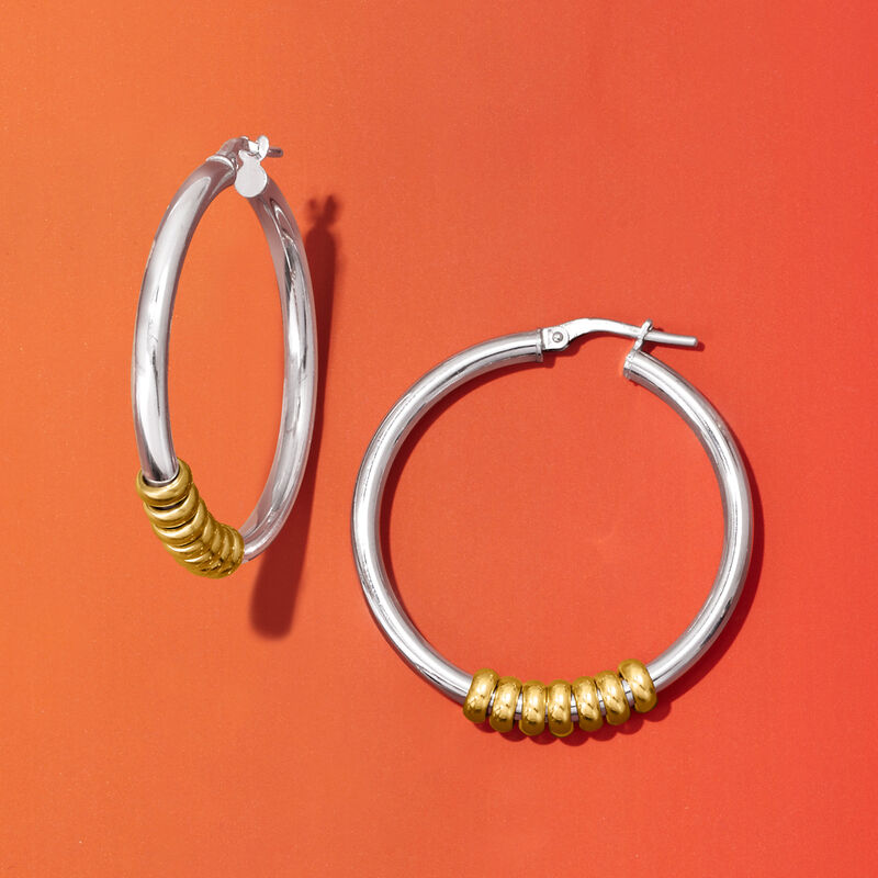 Italian 3mm Two-Tone Sterling Silver Removable Bead Hoop Earrings. 1 1/2&quot; image number 2