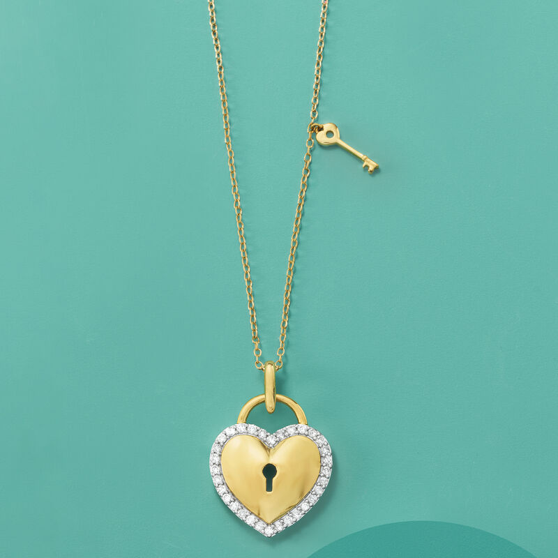 .33 ct. t.w. Diamond Heart Lock and Key Pendant Necklace in 14kt Yellow Gold image number 2