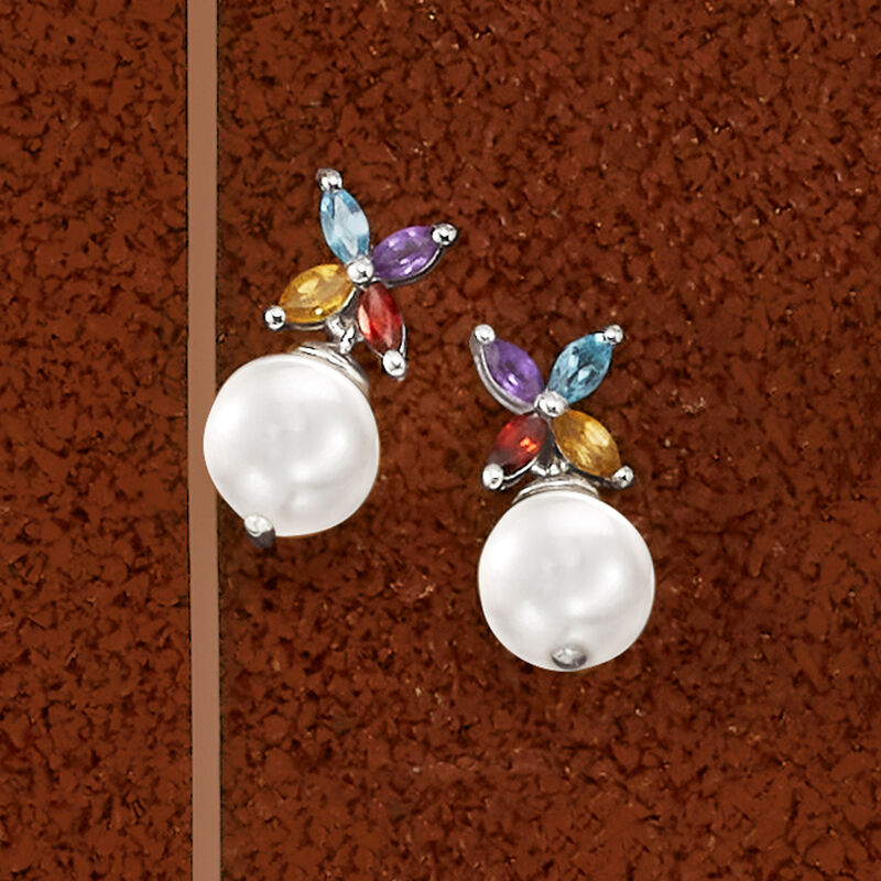 8-8.5mm Cultured Pearl and .40 ct. t.w. Multi-Gemstone Drop Earrings in Sterling Silver image number 2