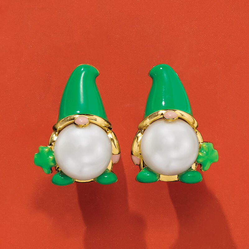 8-8.5mm Cultured Pearl and Multicolored Enamel Leprechaun Gnome Earrings in 18kt Gold Over Sterling image number 2