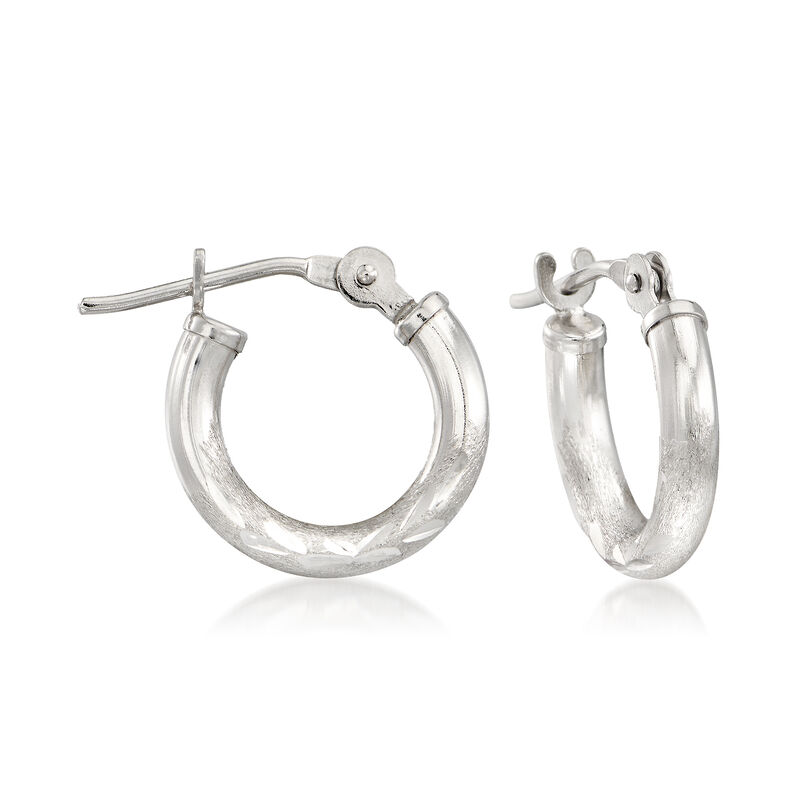 Child's 2mm 14kt White Gold Diamond-Cut Huggie Hoop Earrings. 3/8&quot; image number 0