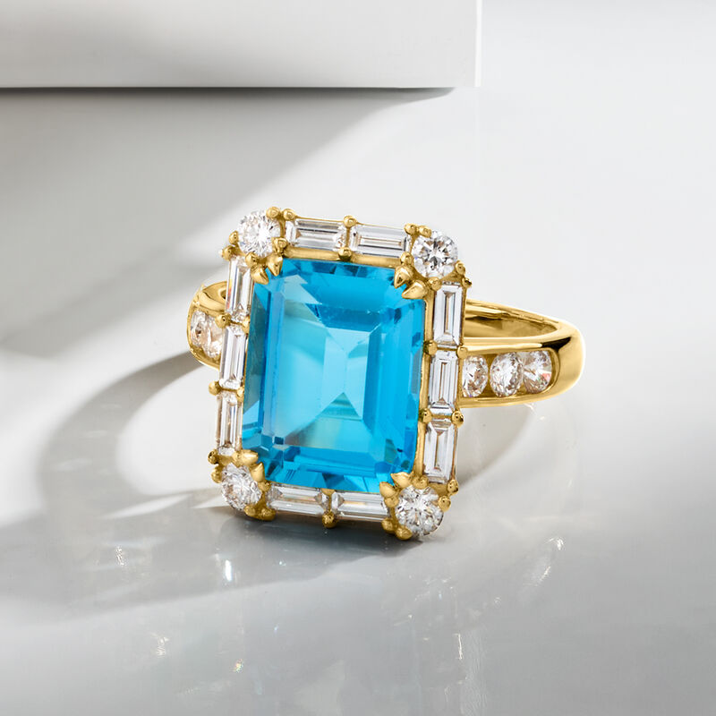 4.50 Carat Swiss Blue Topaz Ring with 1.00 ct. t.w. Lab-Grown Diamonds in 14kt Yellow Gold