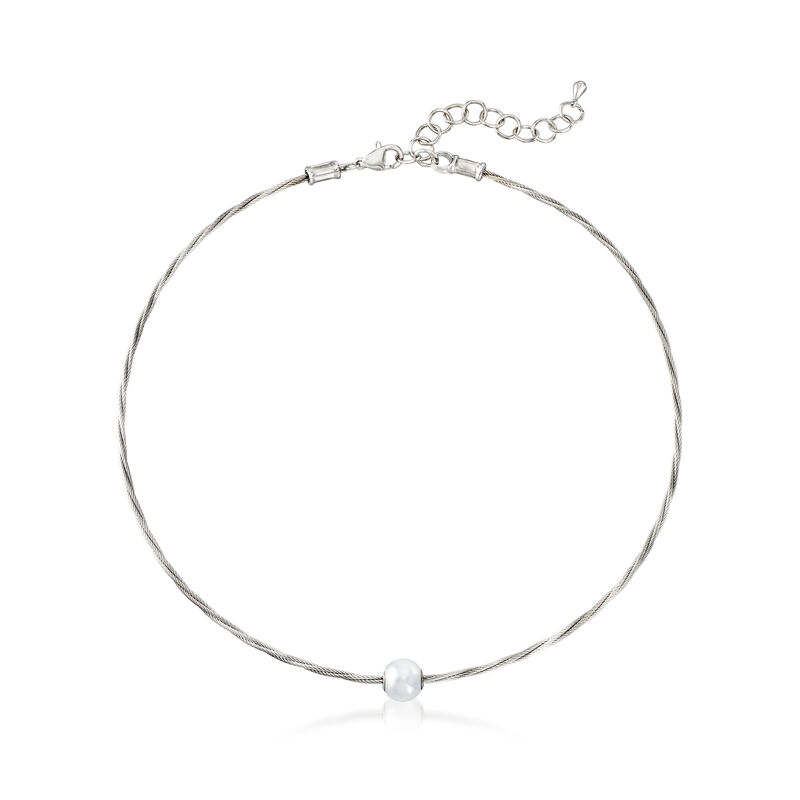 ALOR Gray &quot;Classique&quot; 8mm Cultured Pearl Gray Stainless Steel Cable Necklace. 13&quot; image number 1