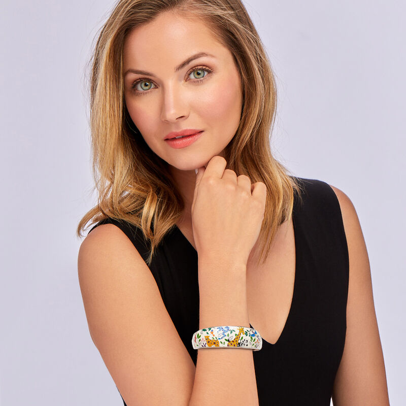Belle Etoile &quot;Serengeti&quot; Ivory and Multicolored Enamel Bangle Bracelet with CZ Accents in Sterling Silver. 7.5&quot; image number 1