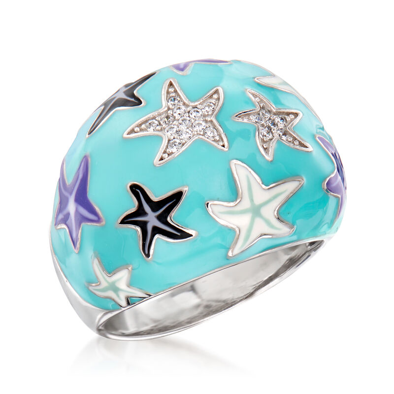 .10 ct. t.w. White Topaz and Multicolored Enamel Starfish Ring in Sterling Silver image number 3