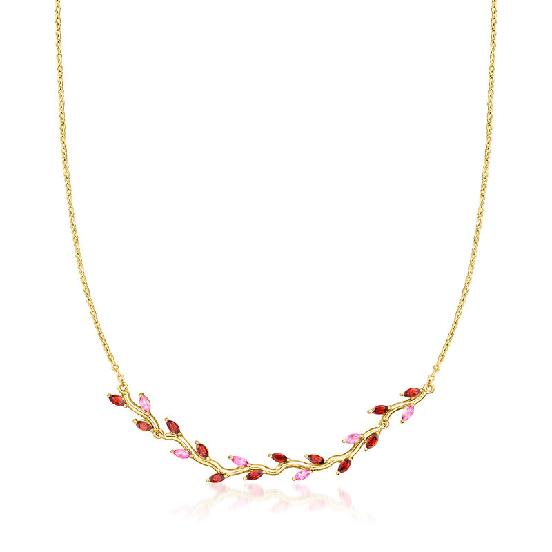 1.00 ct. t.w. Garnet and .40 ct. t.w. Pink Topaz Leaf Necklace in 18kt Gold Vermeil. 16&quot; image number 1