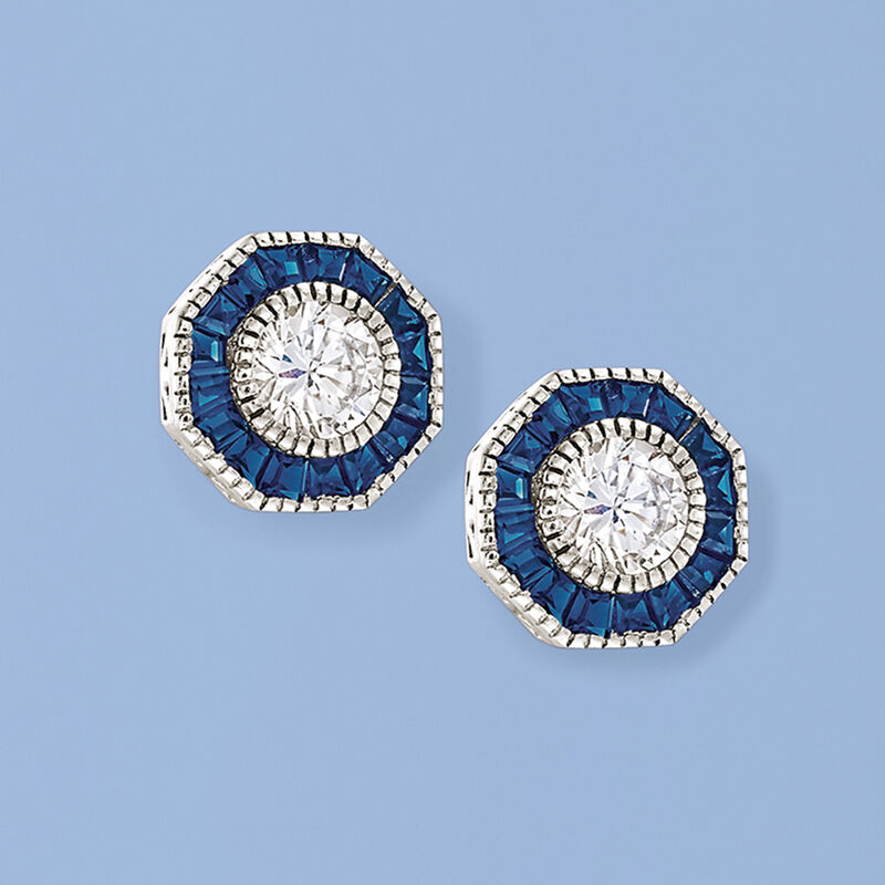 .60 ct. t.w. Simulated Sapphire and 1.00 ct. t.w. CZ Octagon Earrings in Sterling Silver image number 2