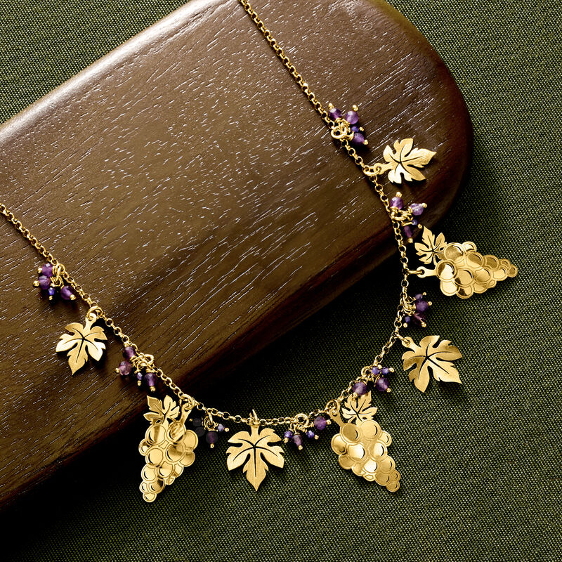 Italian 1.60 ct. t.w. Amethyst Bead Grapevine Necklace in 18kt Gold Over Sterling. 18" image number 2
