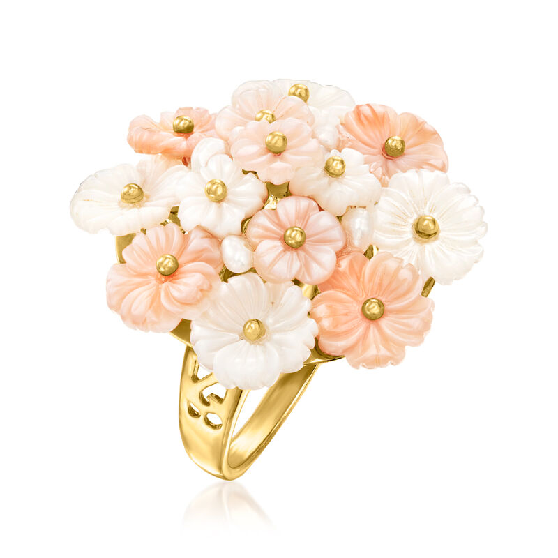Italian Pink and White Mother-of-Pearl Flower Ring with Cultured Semi-Baroque Pearls in 18kt Gold Over Sterling image number 2