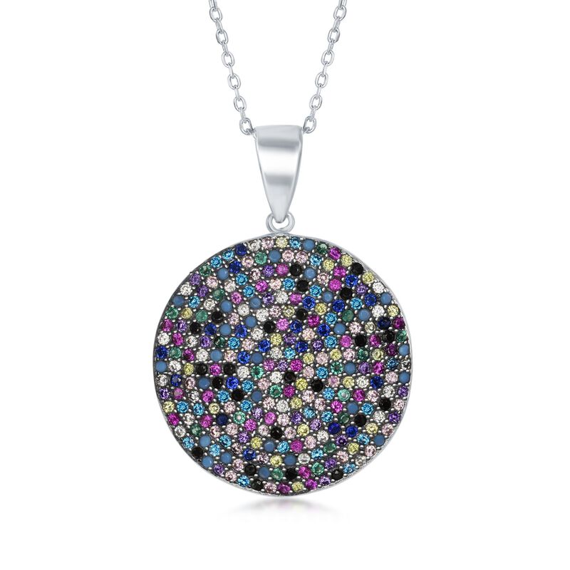 Pave Multicolored CZ Circle Pendant Necklace in Sterling Silver image number 0