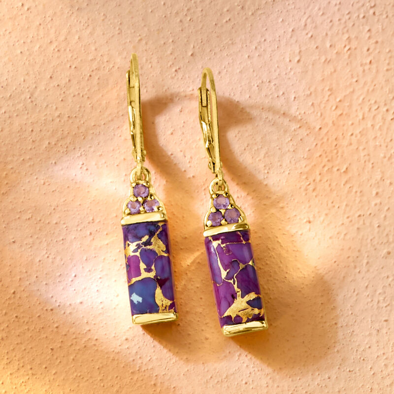 Purple Turquoise and .20 ct. t.w. Amethyst Drop Earrings in 18kt Gold Over Sterling image number 2