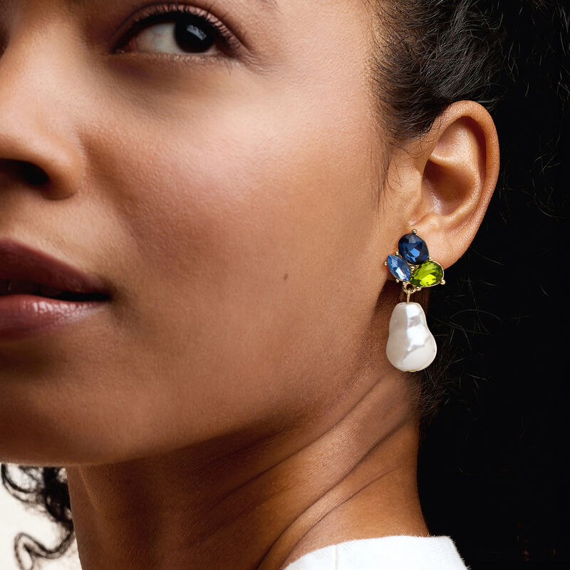 14kt Yellow Gold-Plated Drop Earrings with Simulated Multicolored Gemstones and Pearls  image number 1