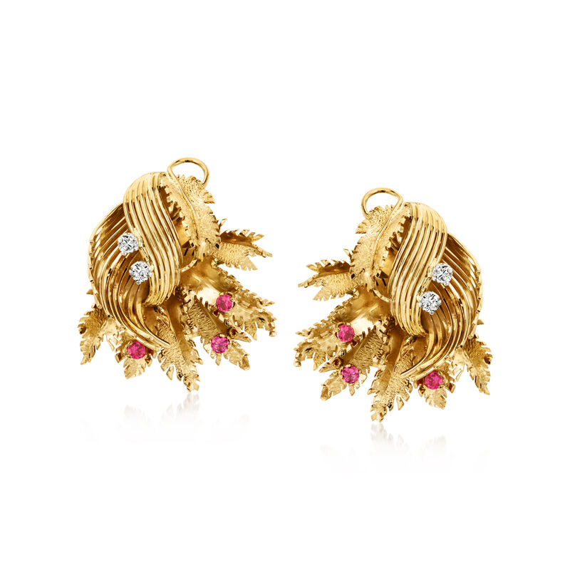 C. 1960 Vintage .20 ct. t.w. Diamond and .36 ct. t.w. Synthetic Ruby Leaf Earrings in 18kt Yellow Gold  image number 0