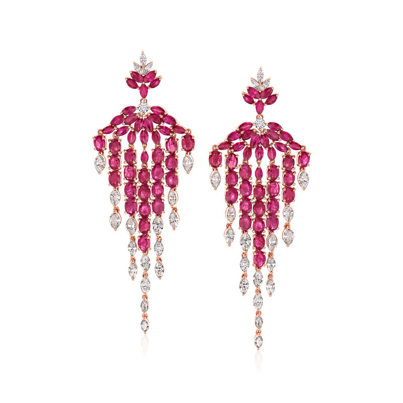 12.40 ct. t.w. Ruby and 3.70 ct. t.w. Diamond Chandelier Earrings in 18kt Rose Gold image number 0