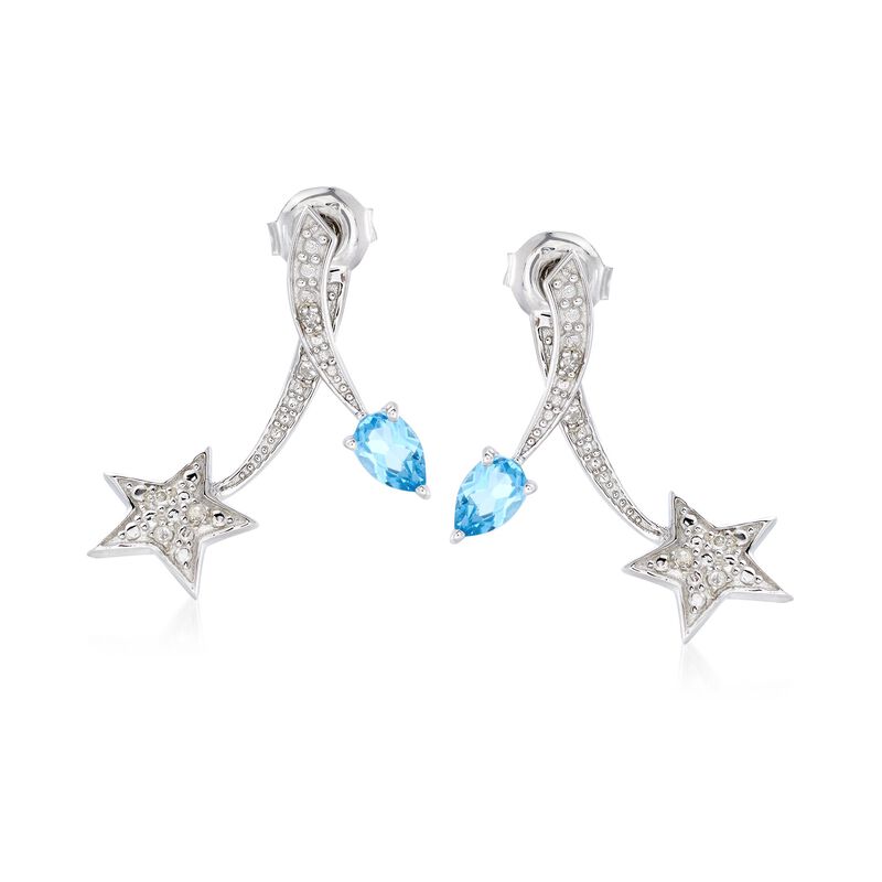  .70 ct. t.w. Blue Topaz and .10 ct. t.w. Diamond Star Front-Back Earrings in Sterling Silver.  image number 0