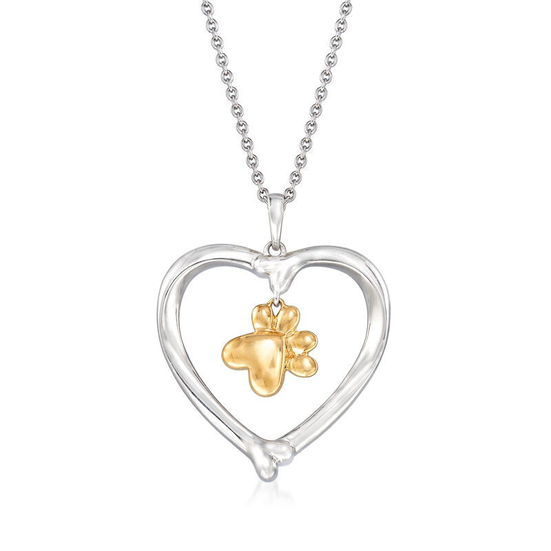Two-Tone Heart and Paw Pendant Necklace in Sterling Silver with 14kt Yellow Gold. 18&quot; image number 1