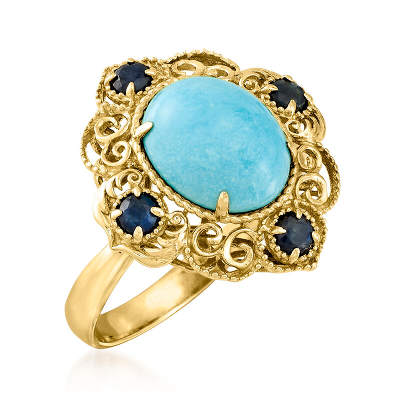 Turquoise and .40 ct. t.w. Sapphire Ring in 14kt Yellow Gold image number 3