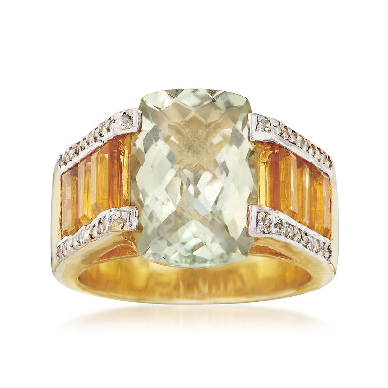 6.00 Carat Green Prasiolite and 3.30 ct. t.w. Citrine Ring with White Zircons in 18kt Gold Over Sterling image number 0