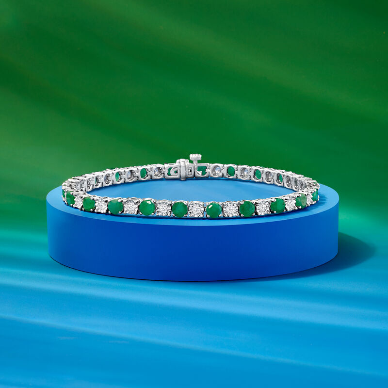 4.80 ct. t.w. Emerald and 1.00 ct. t.w. Diamond Tennis Bracelet in Sterling Silver image number 2