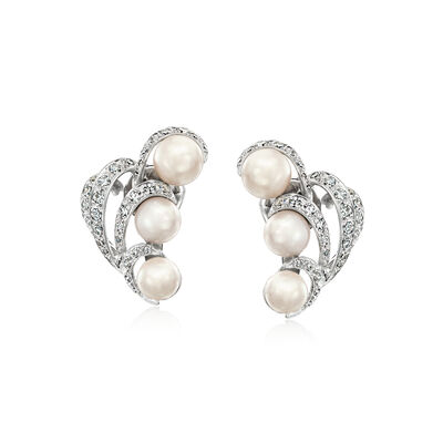 C. 1950 Vintage 6-7mm Cultured Pearl and 1.00 ct. t.w. Diamond Swirl Earrings in 14kt White Gold