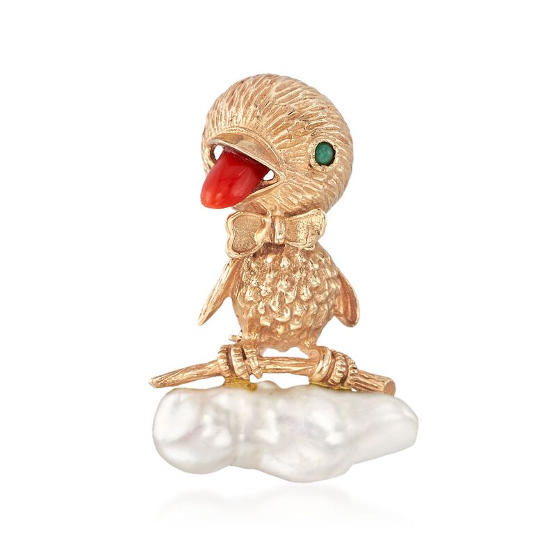 C. 1980 Vintage 25x8.5mm Cultured Baroque Pearl and Multi-Gem Bird Pin 14kt Yellow Gold image number 0