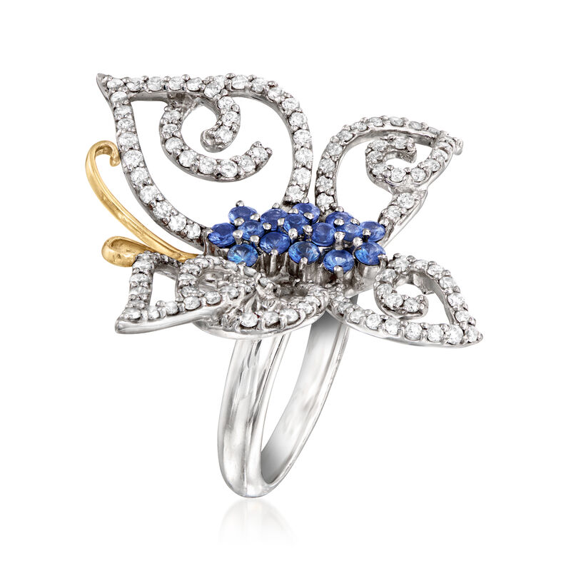 C. 1990 Vintage 1.30 ct. t.w. Diamond and .75 ct. t.w. Sapphire Butterfly Ring in 18kt White Gold. Size 6.5 image number 2