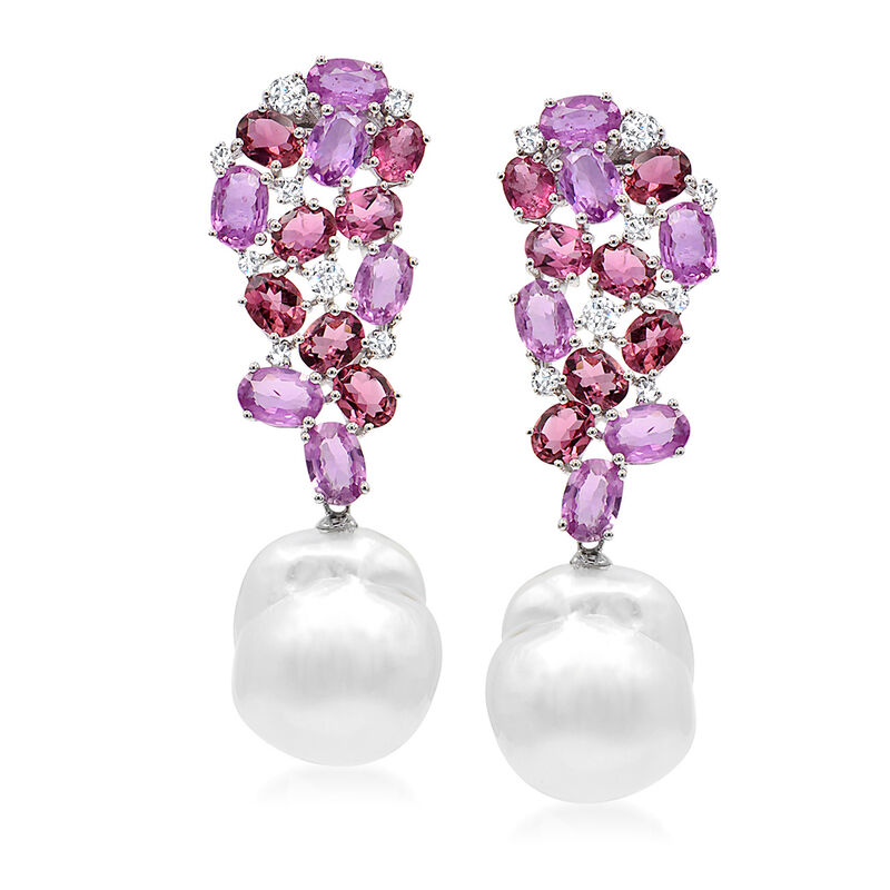 14-15mm Cultured South Sea Baroque Pearl and 11.25 ct. t.w. Multi-Gemstone Drop Earrings with .61 ct. t.w. Diamonds in 18kt White Gold image number 0