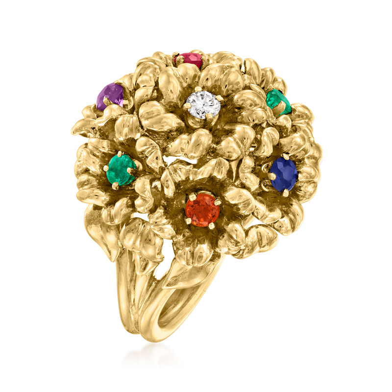 C. 1980 Vintage Dankner .10 Carat Diamond and .64 ct. t.w. Multi-Gemstone Flower Ring in 18kt Yellow Gold image number 2