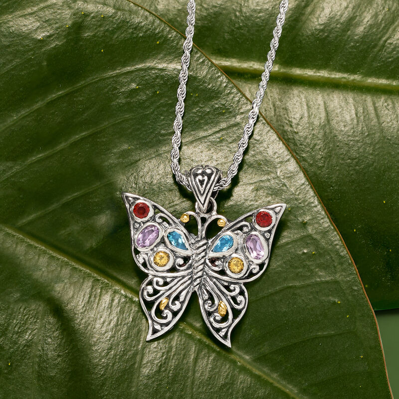 1.70 ct. t.w. Multi-Gemstone Bali-Style Butterfly Pendant Necklace in Sterling Silver with 18kt Yellow Gold image number 2