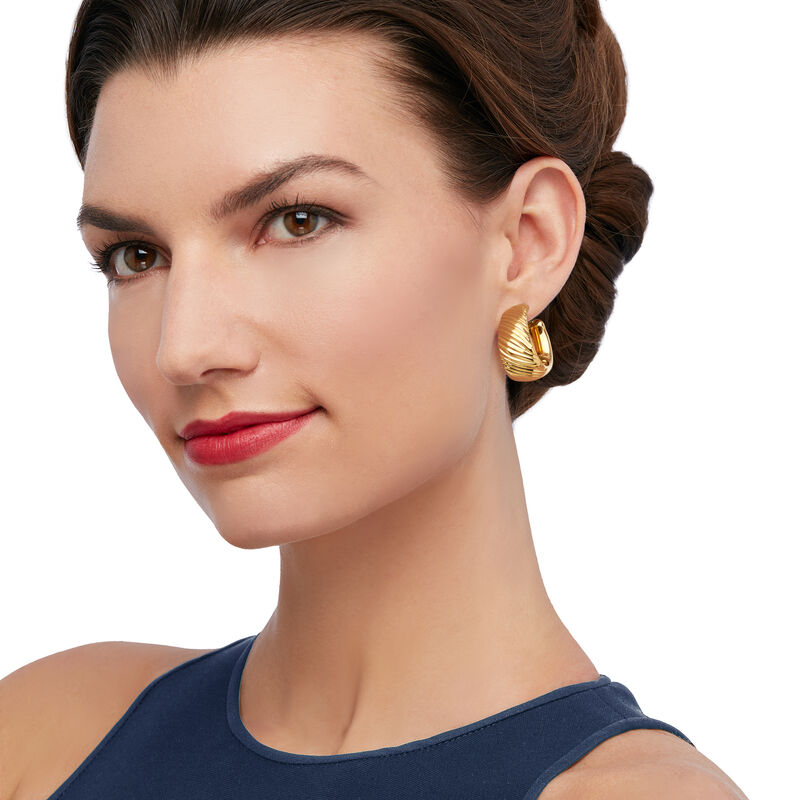 Italian Andiamo 14kt Yellow Gold Striped Texture Hoop Earrings. 1 1/8&quot; image number 1