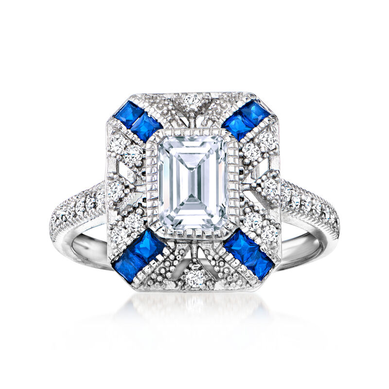 1.40 ct. t.w. CZ and .40 ct. t.w. Simulated Sapphire Ring in Sterling Silver image number 0