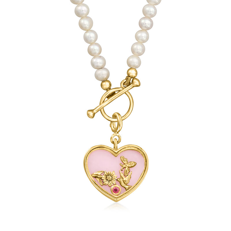Pink Opal Heart Charm with Single Rhodolite Garnet in 18kt Gold Over Sterling image number 2