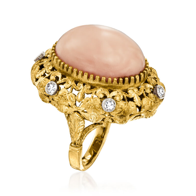 C. 1960 Vintage Pink Coral and .20 ct. t.w. Diamond Ring in 18kt Yellow Gold. Size 6 image number 2