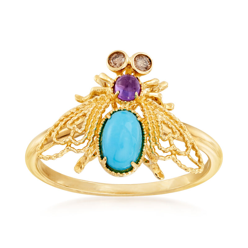 Turquoise and .10 Carat Amethyst Bee Ring with Brown Diamond Accents in 14kt Yellow Gold image number 0