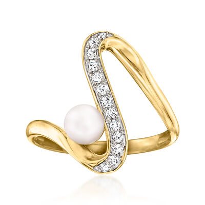 5-5.5mm Cultured Pearl and .15 ct. t.w. Diamond Swirl Ring in 18kt Gold Over Sterling