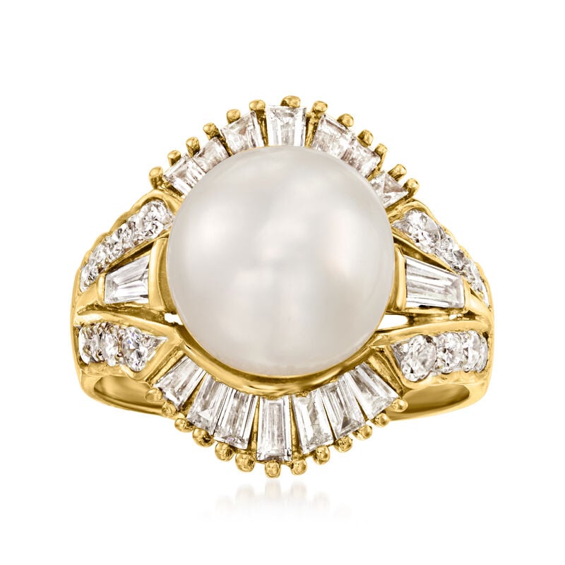 C. 1980 Vintage 10.5mm Cultured Pearl and 1.75 ct. t.w. Diamond Ring in 18kt Yellow Gold. Size 7 image number 0
