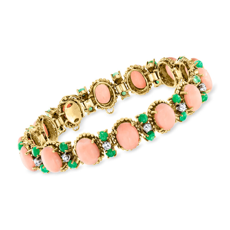 C. 1960 Vintage Coral and 4.00 ct. t.w. Emerald Bracelet with 1.00 ct. t.w. Diamonds in 14kt Yellow Gold image number 0