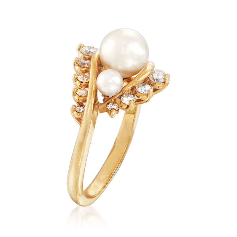C. 1980 Vintage 3.5-6.5mm Cultured Pearl and .45 ct. t.w. Diamond Ring in 18kt Yellow Gold. Size 5 image number 2