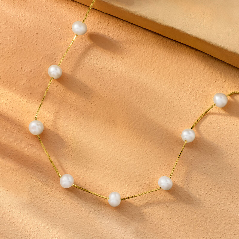 6-6.5mm Cultured Pearl Station Necklace in 18kt Gold Over Sterling image number 3