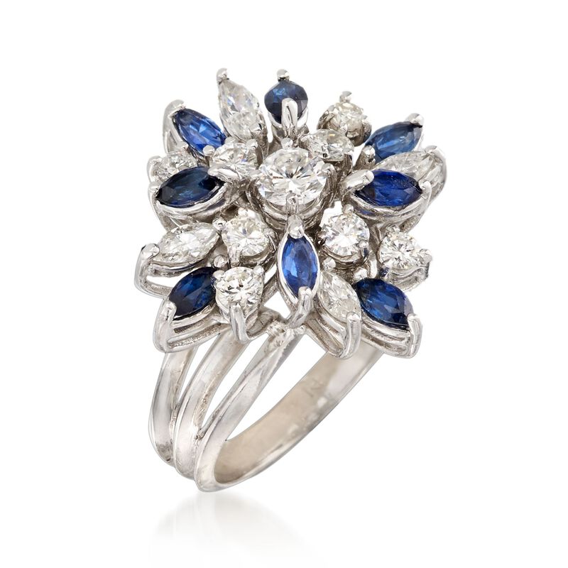 C. 1970 Vintage 1.55 ct. t.w. Diamond and .75 ct. t.w. Sapphire Floral Cluster Ring in 14kt White Gold. Size 5.5 image number 2